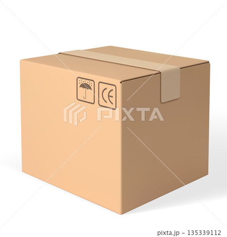 A closed brown cardboard box with shipping symbols. A closed brown cardboard box with shipping symbols. 135339112