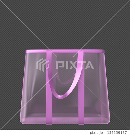 Transparent tote bag with handles, purple shopping pouch with straps, plastic pocket with hooks vector mockup front view 135339187