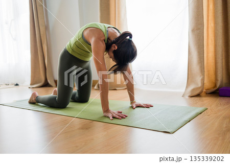 Hispanic woman practicing cat pose during vinyasa yoga 135339202