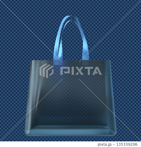 Transparent tote bag with hanging handles, blue shopping pouch with straps, clear plastic handbag pocket vector mockup Transparent tote bag with hanging handles, blue shopping pouch with straps, clear plastic handbag pocket vector mockup 135339206