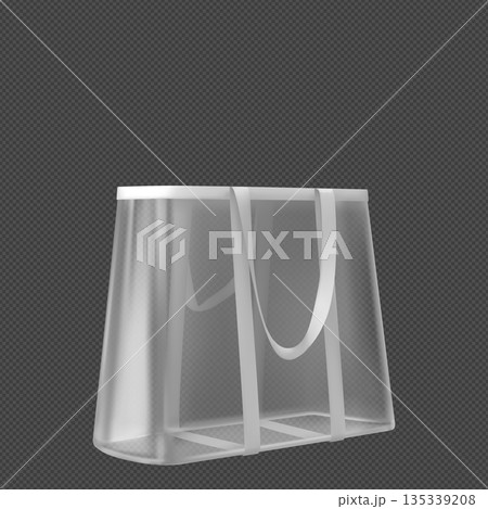 Transparent tote bag with handles, white shopping pouch with straps, clear plastic handbag with hooks vector mockup 135339208