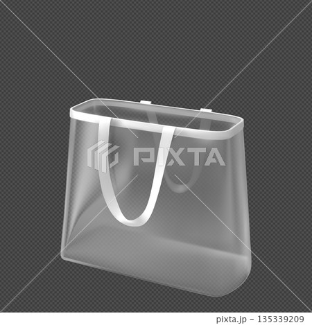 Transparent tote bag with handles, fashion white shopping pouch, empty plastic handbag pocket realistic vector mockup 135339209