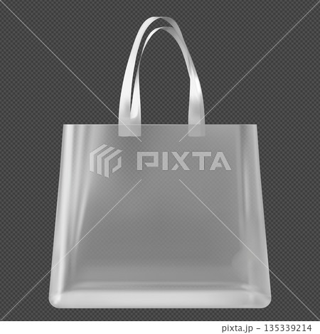 Transparent white plastic tote bag with upturned handles, front view. Transparent white plastic tote bag with upturned handles, front view. 135339214