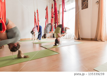 Women practicing aerial anti-gravity yoga class 135339239