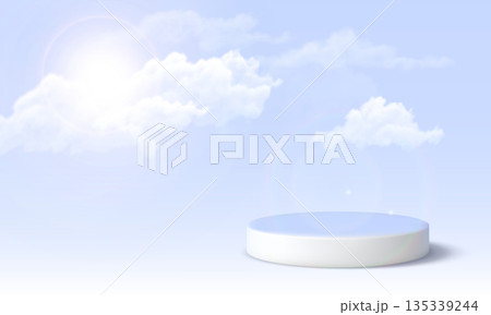 Blue sky in sunny day with 3D podium, sun shining through soft white clouds and cylinder pedestal product stage showcase Blue sky in sunny day with 3D podium, sun shining through soft white clouds and cylinder pedestal product stage showcase 135339244