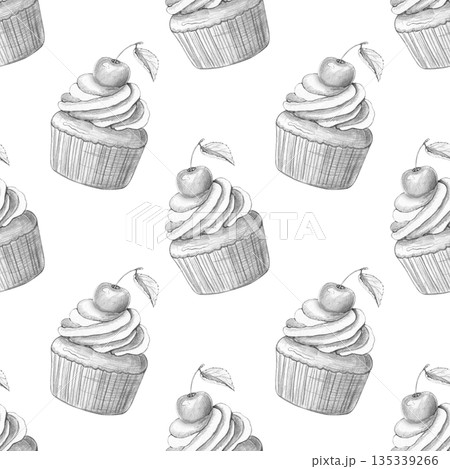 Seamless pattern with cupcakes decorated with cream and cherries. Hand-drawn pencil sketch. White background. For textiles, design, printing, culinary themes, desserts, birthdays. Seamless pattern with cupcakes decorated with cream and cherries. Hand-drawn pencil sketch. White background. For textiles, design, printing, culinary themes, desserts, birthdays. 135339266