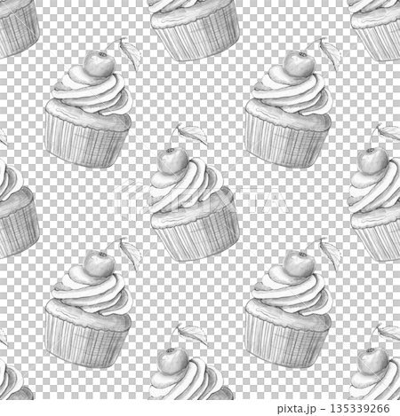 Seamless pattern with cupcakes decorated with cream and cherries. Hand-drawn pencil sketch. White background. For textiles, design, printing, culinary themes, desserts, birthdays. Seamless pattern with cupcakes decorated with cream and cherries. Hand-drawn pencil sketch. White background. For textiles, design, printing, culinary themes, desserts, birthdays. 135339266
