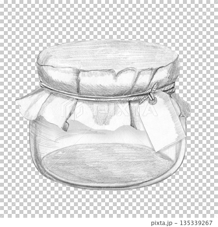 Detailed hand drawn pencil sketch of a rustic transparent glass mason jar with cloth lid and twine, featuring a blank label tag for culinary or craft design, berrys. Isolated on white background 135339267