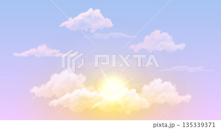 Fluffy white clouds with a setting sun against a blue sky. 135339371