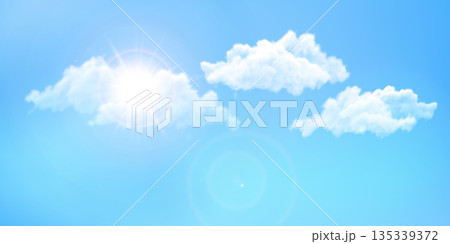 Sun shining through soft white clouds in blue sky background vector illustration, realistic nature with cumulus effect Sun shining through soft white clouds in blue sky background vector illustration, realistic nature with cumulus effect 135339372