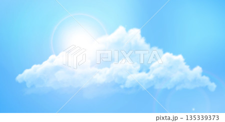 Blue sky in sunny day, bright sun shining through soft white clouds in a vibrant blue sky background vector illustration 135339373