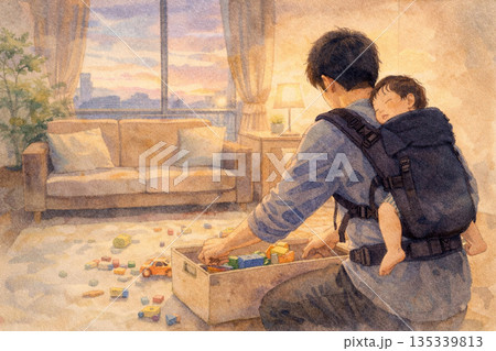 共感型の育児と家事 ― 無心で片付ける、夜前のリビング 共感型の育児と家事 ― 無心で片付ける、夜前のリビング 135339813