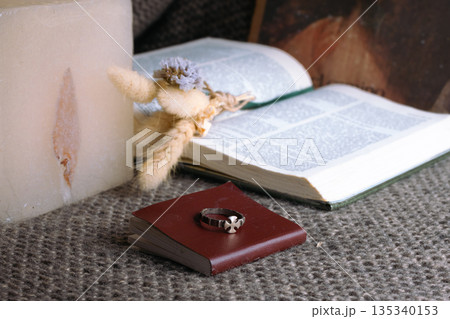 Spiritual devotion scene represented by a rosary ring and an open Bible on a knitted blanket. Spiritual devotion scene represented by a rosary ring and an open Bible on a knitted blanket. 135340153