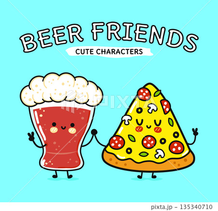 Beer and pizza slice kawaii characters finding friendship 135340710