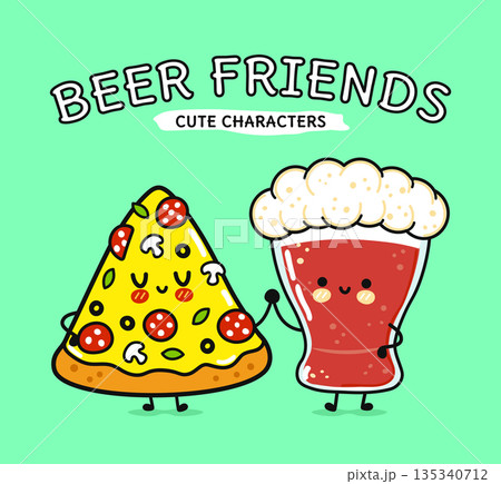 Pizza slice and beer characters holding hands, being friends Pizza slice and beer characters holding hands, being friends 135340712