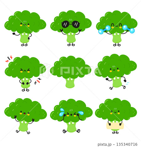 Cute broccoli character mascots showing various emotions and activities 135340716