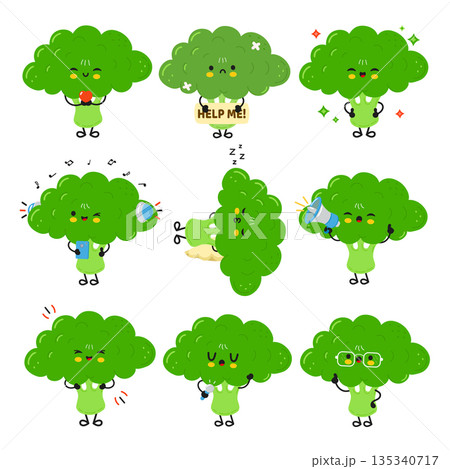 Cute broccoli character set showing various emotions and actions 135340717