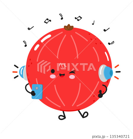 Red currant character enjoying music with smartphone headphones 135340721