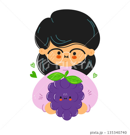 Cartoon girl with glasses holding a cute grape character 135340740