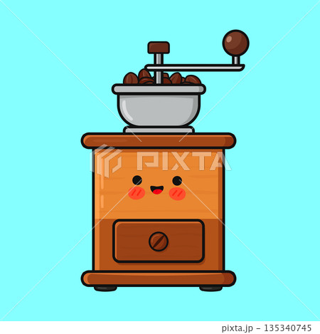 Smiling kawaii coffee grinder with fresh beans Smiling kawaii coffee grinder with fresh beans 135340745