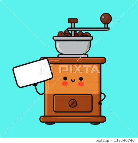 Kawy character manual coffee grinder holding blank board Kawy character manual coffee grinder holding blank board 135340746