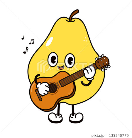 Cute cartoon pear character playing acoustic guitar with musical notes 135340779