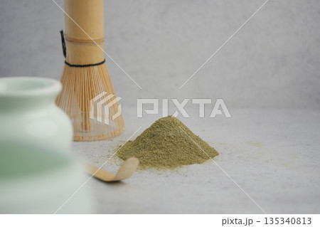 matcha powder and tools for mixing in a simple setup matcha powder and tools for mixing in a simple setup 135340813