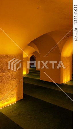 Bright arches in a long hallway with green carpet Bright arches in a long hallway with green carpet 135341011