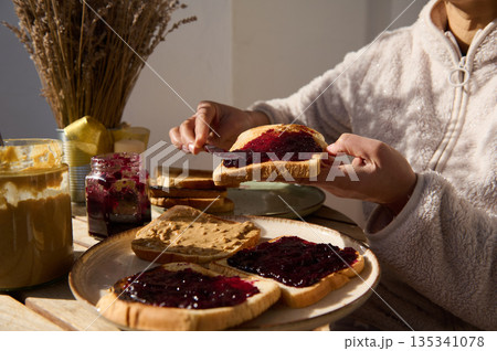Cozy Breakfast Scene With Jam On Toast And Peanut Butter For Peanut Butter And Jelly Day 135341078