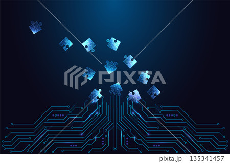 Puzzle pieces floating above circuit board, AI problem solving and digital intelligence process 135341457