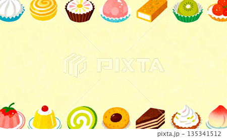 昭和レトロなスイーツのフレーム背景 手描き風の可愛い洋菓子イラスト 昭和レトロなスイーツのフレーム背景 手描き風の可愛い洋菓子イラスト 135341512
