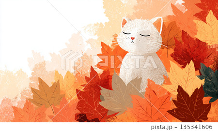 赤い紅葉に囲まれる白い猫のイラスト 135341606