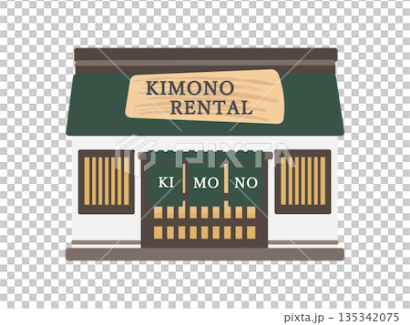 一幅描繪老式和服租賃店建築的插圖，店面掛著「和服租賃」的招牌。 135342075