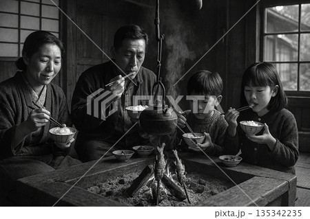 昭和の情景　囲炉裏を囲んで食事する家族 135342235