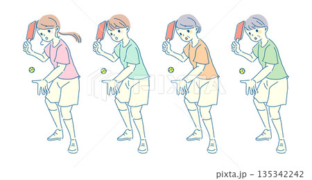 ピックルボールを楽しむ老若男女のイラストセット 135342242