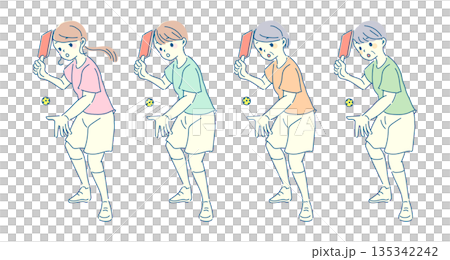 ピックルボールを楽しむ老若男女のイラストセット 135342242