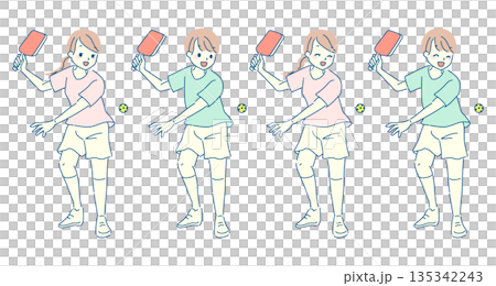 ピックルボールを楽しむ男女のイラストセット ピックルボールを楽しむ男女のイラストセット 135342243