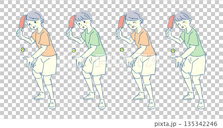ピックルボールを楽しむお年寄り男女のイラストセット ピックルボールを楽しむお年寄り男女のイラストセット 135342246