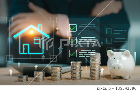 A savings concept showing a piggy bank and increasing stacks of coins next to a glowing house icon and a digital checklist, symbolizing successful home financial planning. 135342396