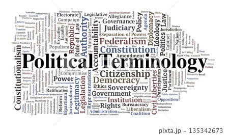 Political Terminology Word Cloud. Core Concepts of Governance, Power, and Legal Systems 135342673