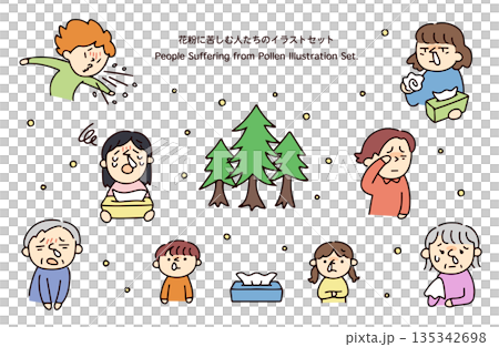 Illustration set of people suffering from hay fever Illustration set of people suffering from hay fever 135342698