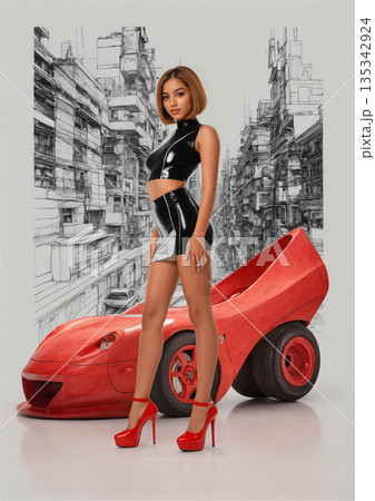 ハイヒール型のレースカーの前でミニスカート、ハイヒール姿でポーズ 135342924