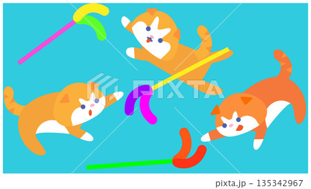 おもちゃで遊ぶ元気な猫たちのかわいいキャラクターイラスト 135342967