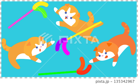 おもちゃで遊ぶ元気な猫たちのかわいいキャラクターイラスト 135342967