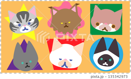 可愛的貓臉角色插畫，置於圖形邊框中 135342973