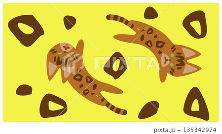 ヒョウ柄の猫がくるくる回るかわいいキャラクターイラスト 135342974