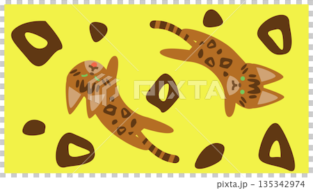 ヒョウ柄の猫がくるくる回るかわいいキャラクターイラスト 135342974