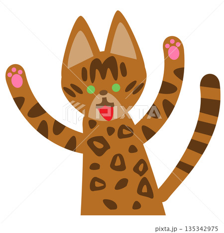 元気に手をあげて喜ぶヒョウ柄のかわいい猫キャラクターイラスト 135342975