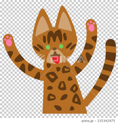 元気に手をあげて喜ぶヒョウ柄のかわいい猫キャラクターイラスト 135342975