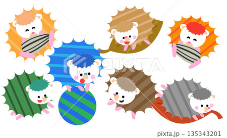いろいろな色と模様で遊ぶハリネズミのかわいいイラストセット 135343201